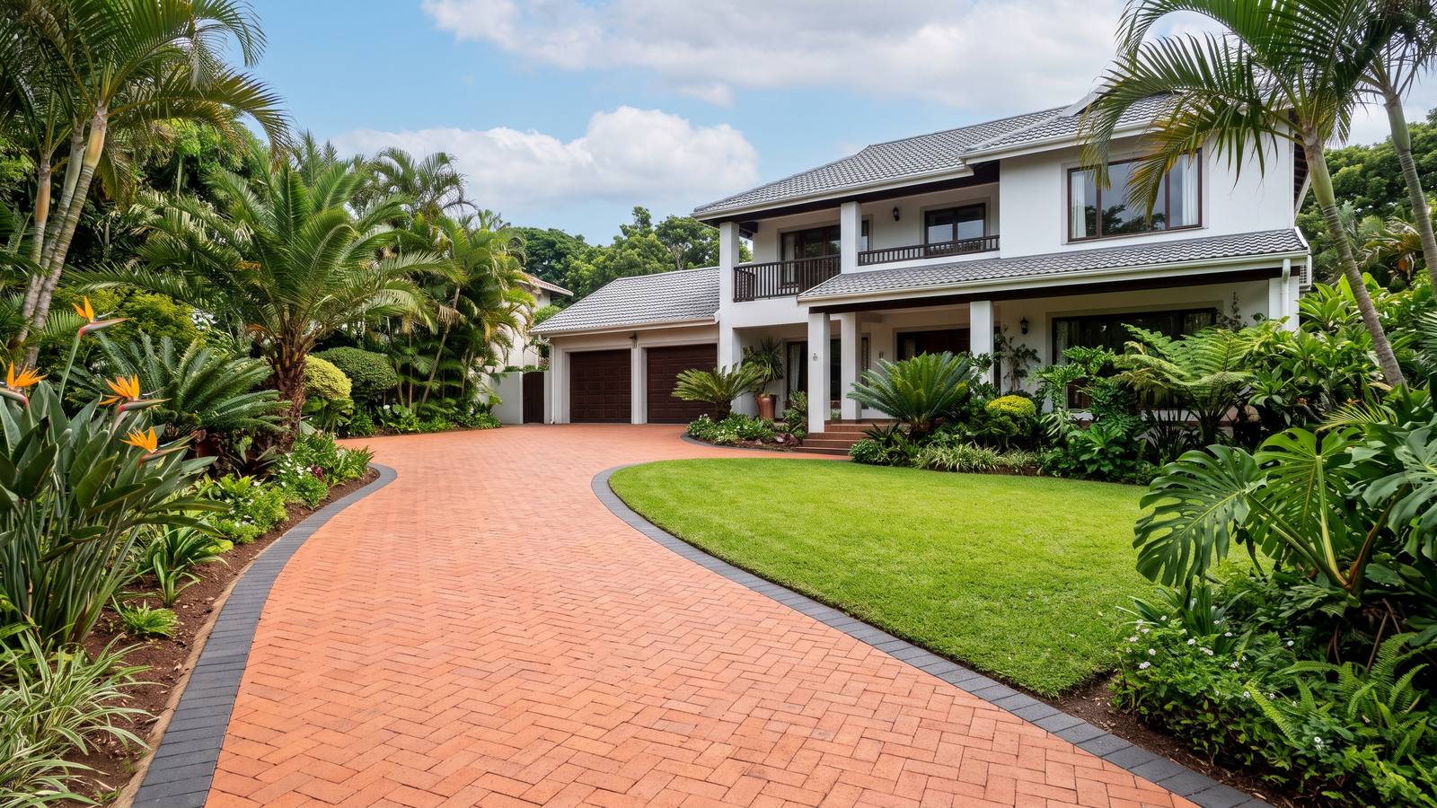 Clay brick paving in a herringbone pattern on a curved driveway leading to a white plastered home in Durban, framed by palms and a lush subtropical garden.