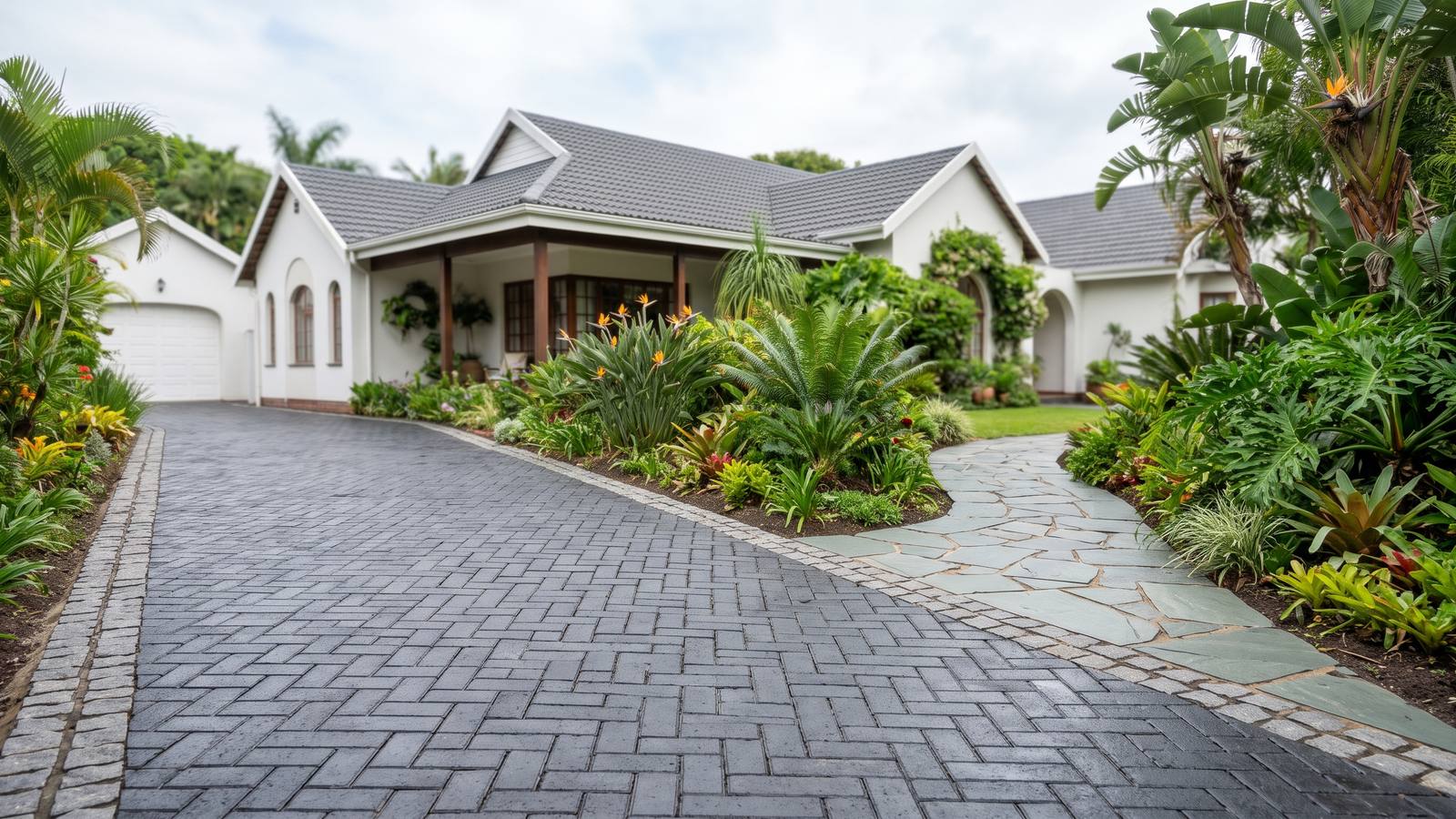 Paving designs side by side: a herringbone block driveway edged with grey cobbles, beside a slasto crazy-paved garden path.