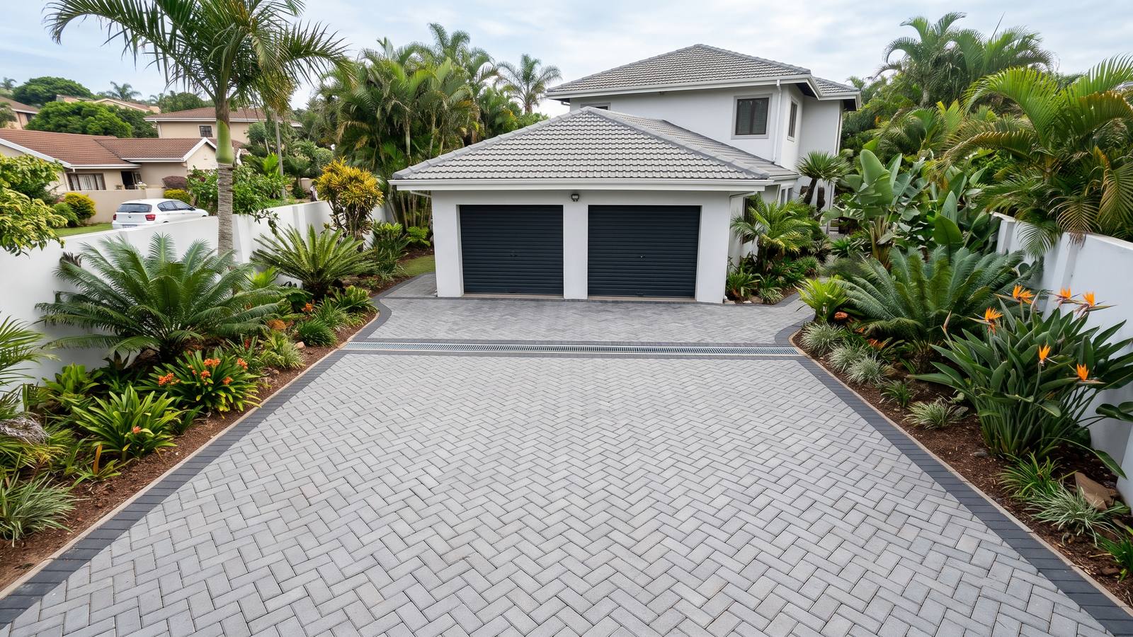 New grey interlocking block driveway with a charcoal border at a plastered Durban home, laid in herringbone as an example for paving prices.