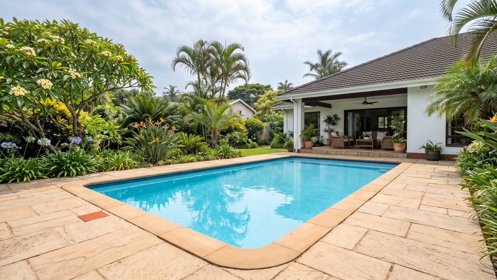 Light sandstone-coloured pool paving and bullnose coping around a blue swimming pool in a Durban garden with palms and strelitzias.