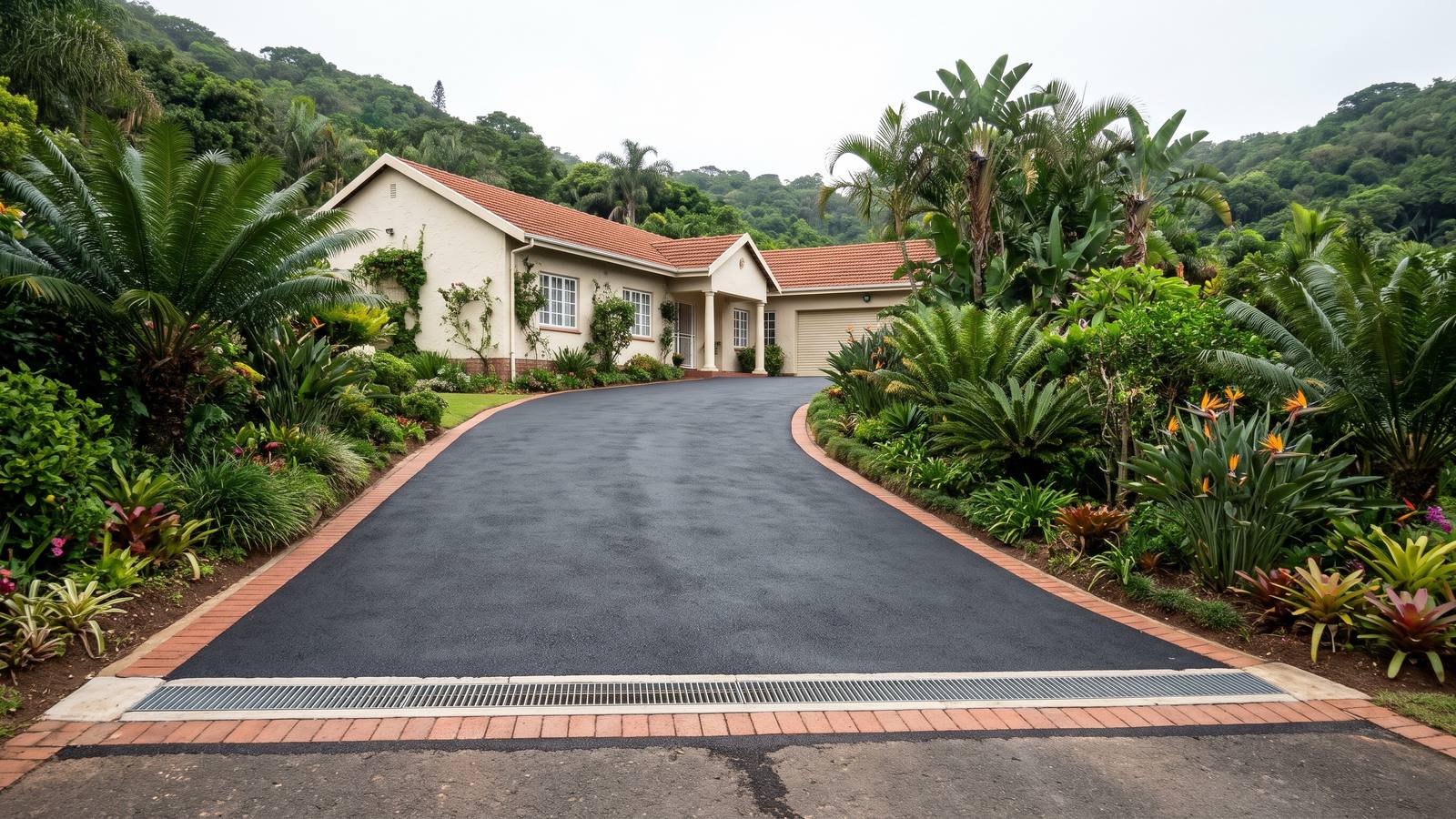 Freshly rolled black tar driveway climbing to a plastered hillside home in Durban, edged with a brick border and tropical planting.